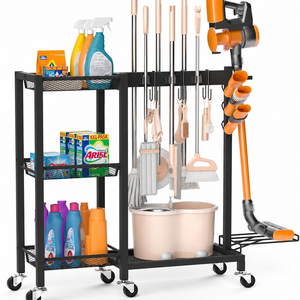 Carrello Organizzatore Mobile per Prodotti di Pulizia Commerciale, in Acciaio Resistente, Porta-Mop e Scopa, Carrello Multiuso per Servizi di Pulizia - Product Image 5