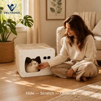 Mobilier pour chat : Maison-griffoir en carton ondulé avec entrée en forme de tête de chat et double fenêtre, pour intérieur, vente en gros