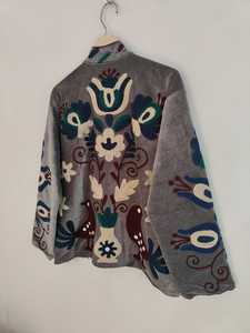 Boho Suzani <b>Velvet</b> <b>Jacket</b> Gray Coat with Colorful Bird Motifs Handmade Gray <b>Velvet</b> Suzani <b>Jacket</b> with Bird & Floral Embroidery - Product Image 5