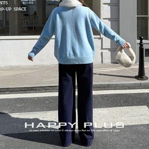 Jean large taille haute pour femme Runqi, en coton molletonné, bleu foncé, extensible, N9072 - Product Image 5