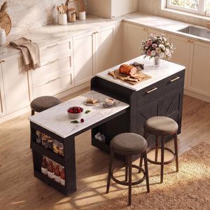 Isla de Cocina Negra Moderna SENYU con Encimera de Mármol Blanco, Estantes Abiertos, Almacenamiento para Vino, Mesa de Preparación Multifuncional - Product Image 2