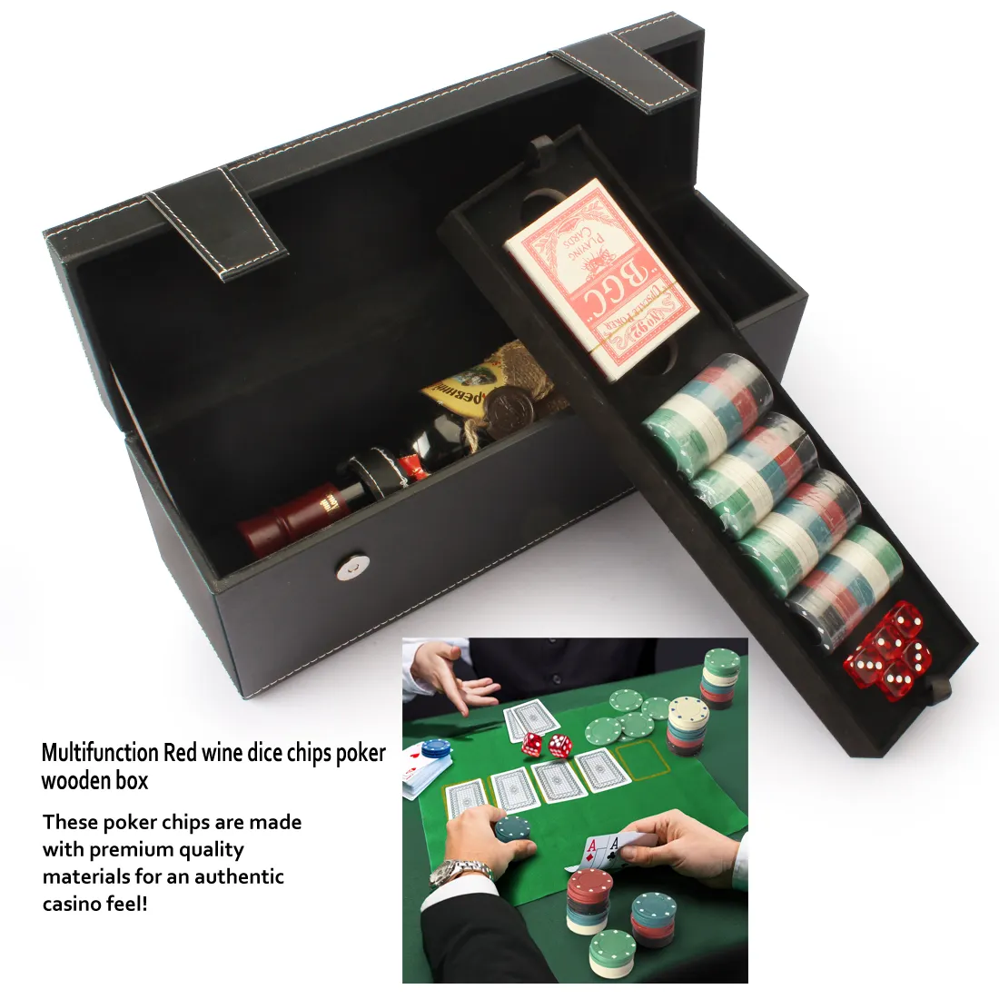 Desain Baru Kotak Anggur Kulit Pu dengan Set Permainan Kasino Chip Poker