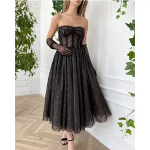Maßge schneiderte elegante schwarze träger lose Illusion Spitze A-Linie Prom Abendkleid mit Handschuhen Hochzeits feier Kleid für Plus Size Frauen