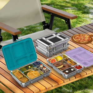 Boîte à lunch en acier inoxydable à cinq compartiments avec couvercle, conteneur bento portable pour étudiants et employés de bureau - Product Image 1