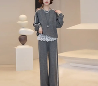 Ensemble décontracté pour femmes de style coréen 2025, respirant, en tissu tissé, deux pièces, sweat-shirt et pantalon, ourlet en dentelle, ensemble unique