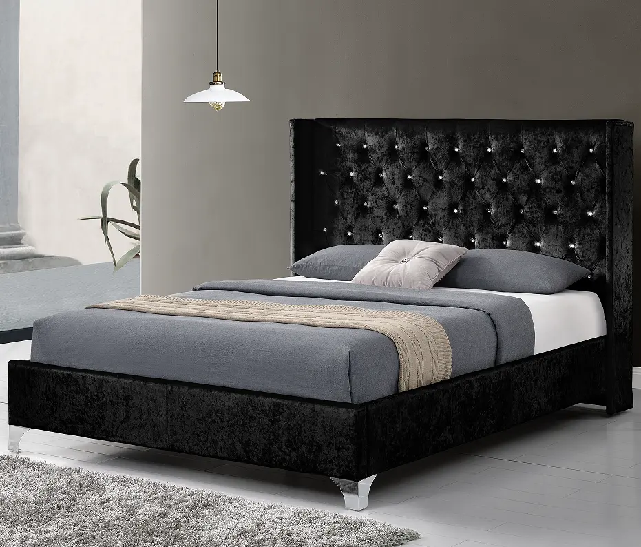 Latest modern double king size crushed velvet fabric upholstered platform bed with diamond buttons and wing headboard