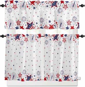 Ensembles de rideaux de <span class=keywords><strong>cuisine</strong></span> et de café 4 juillet Jour de l'Indépendance à motif étoile, 3 pièces, avec feuilles d'eucalyptus, pour petites fenêtres de café - Product Image 4