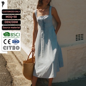 Women Plaid Linen Midi Dress Square <b>Neck</b> <b>Tie</b> Front Wide Strap A‑Line With Pockets Custom Summer Beach Ladies Dress - Product Image 1