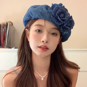 Tendance spectacle visage petite fille peintre chapeau automne et hiver nouvelle couleur de niche en trois dimensions fleur cowboy béret - Product Image 2