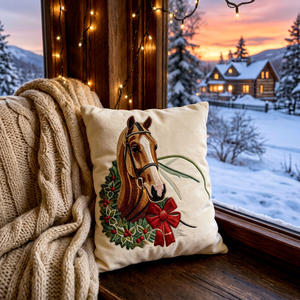 Housse de coussin de Noël de luxe en velours tissé motif cheval, 400 fils/cm², lavable, 50x50cm, broderie équestre Joyeux Noël - Product Image 1