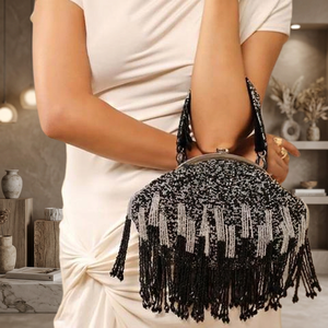 Beaded Clutch Bag With Tassels Handmade Evening Party <b>Handbag</b> Elegant Style Ring Strap Flap Closure - Product Image 3