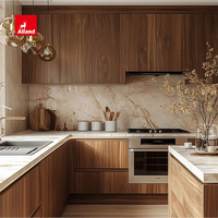 Meuble de cuisine moderne en mélamine style dalle, luxe européen, placage bois foncé noyer, avec éclairage LED et plan de travail en marbre