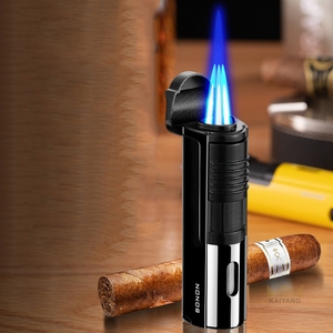 Briquet à cigares professionnel à 3 brûleurs, flamme jet, rechargeable au butane, avec coupe-cigares intégré pour hommes - Product Image 2