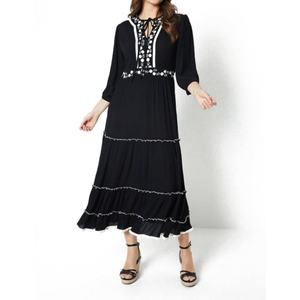 Vestido Midi Bohemio Bordado de Gran Venta con Escote en V Elegante, Manga 3/4 y Dobladillo con Volantes Escalonados, Vestido de Verano para Mujer - Product Image 1
