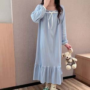 Vêtement de nuit pour femmes en tricot ODM à la vente chaude au printemps et en automne, chemise de nuit en coton à manches longues respirante, robe ample de couleur unie - Product Image 5