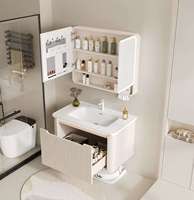 Meuble-lavabo mural moderne personnalisé en crème cannelé avec armoire miroir, étagère ouverte et double éclairage LED pour salle de bain
