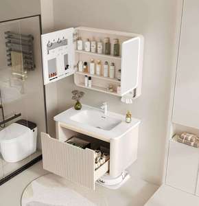 Mobile <span class=keywords><strong>Bagno</strong></span> Moderno Personalizzato a Parete con Finitura Crema, Armadietto a Specchio, Ripiano Aperto <span class=keywords><strong>e</strong></span> Doppie Luci LED per Uso <span class=keywords><strong>Bagno</strong></span> - Product Image 4