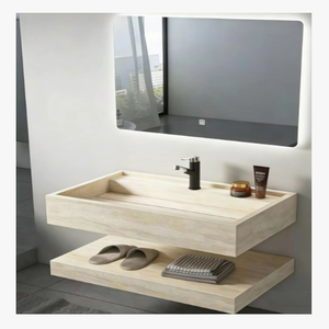 Meuble de salle de bain suspendu en pierre de marbre moderne avec miroir LED et lavabo en pierre, intégrant un meuble de luxe en dalle de roche - Product Image 1