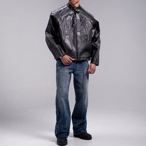 جاكيت رجالي من الجلد للدراجات النارية بسحاب وتطريز بارز، بتصميم مرقع ومخصص على طراز ملابس الشارع - Product Image 6