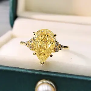 高品质戒指首饰925纯银戒指8*12水滴黄色锆石高碳石女结婚戒指