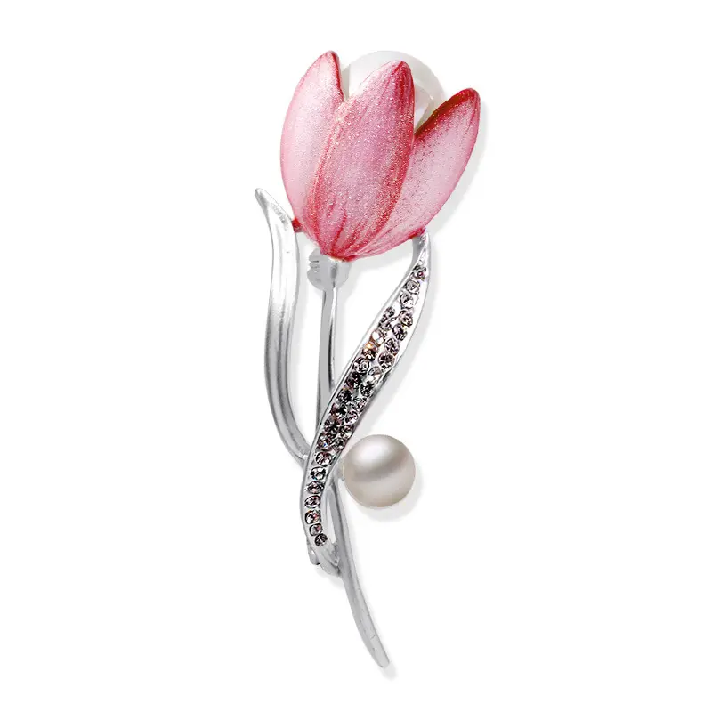 Enamel Wanita Bros Bunga Yang Bagus Perhiasan Populer Bunga Tulip Berbentuk Penuh Kristal Pearl Berlapis Paduan Bros