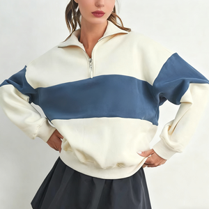 Sweat-shirt brodé quart de fermeture éclair pour femmes bicolore de haute qualité sweat-shirts à capuche personnalisés en coton polaire - Product Image 5