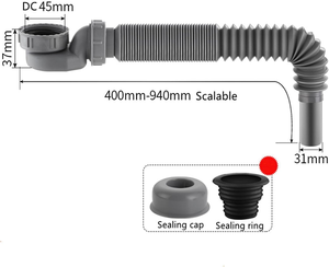 Sifón de perfil bajo tipo P para bañera con manguera antirollos, colador de ducha y desagüe para bañera de madera - Product Image 3