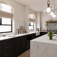 Armoire de cuisine modulaire bicolore blanche avec étagère ouverte à LED, en marbre artificiel, écologique, taille et couleur personnalisables, design moderne