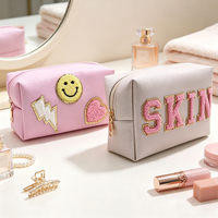 Trousse de Toilette Brodé Lettres Best-seller, Sac de Voyage Portable à Fermeture Ouverte pour Cosmétiques, Sac à Main Étanche en PU, Motif Souriant