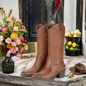 2026 Vintage Women Western Cowboy Boots Suede Mid-Calf Embroidery Chunky Heels ZIP Closure Autumn/Winter Factory OEM ODM <b>Support</b> - Product Image 2