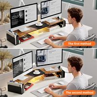 Support de moniteur double pour ordinateur de bureau à 3 niveaux avec tiroir, longueur et angle réglables, organisateur de rangement