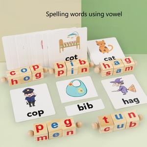 Bloques de rompecabezas de letras giratorias de madera para Educación Temprana, palos de vocales cortas para ortografía, aprendizaje de palabras, juguetes de juego de cerebro - Product Image 6