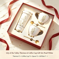 Ensemble cadeau de tasse à café en céramique de luxe Lily Valley, thermos en acier inoxydable, bord doré, isolation thermique de 12 à 24 heures