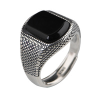Bague ouverte géométrique rectangulaire en argent sterling 925 avec onyx noir pour homme, bijoux vintage