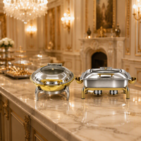 KUNTAI Réchaud de buffet de luxe en acier inoxydable martelé circulaire argenté/doré, alimenté à l'alcool, 6L, à chafing-dish hydraulique, manuel