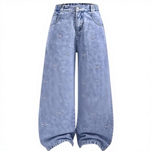 High Waist Wide Leg <b>Embroidered</b> Denim <b>Jeans</b> Loose Fit Full Length Casual Pants Women's Spring Style Blue Cotton Fabric - Product Image 1