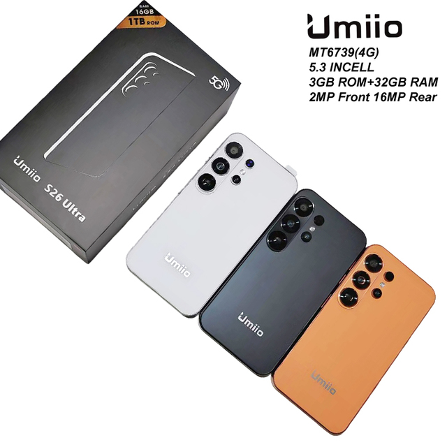 2026 Best-selling Umiio S26 Ultra Mobile Phones 5.3" Screen 3GB+32GB 2MP+16MP Camera Android10 4G Smartphone