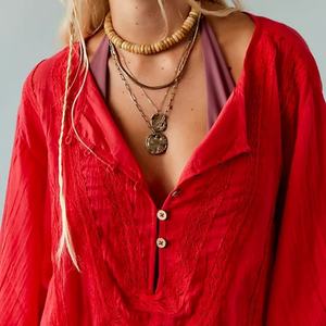 Nuevo Vestido Mini Bohemio Rojo para Mujer con Cuello en V Profundo, Mangas Farol y Dobladillo con Volantes - Product Image 4