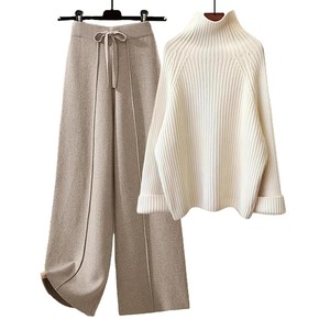 Women's Loose High Neck Knit <b>Sweater</b> Wide Leg Pants <b>Set</b> Solid Color Wool Blend Breathable Autumn Wear - Product Image 2