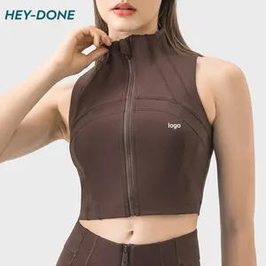 Heydone Women Sleeveless Athletic Zipper Workout Cropped Tank Top Stand Collar Sports Yoga Wear Running Gym Fitness Zip Up Vest