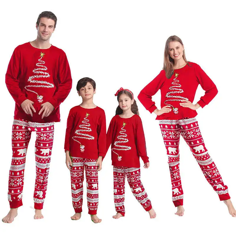 Youki más tamaño rojo y blanco pijamas de Navidad conjunto familiar para hombres mujeres niños perro