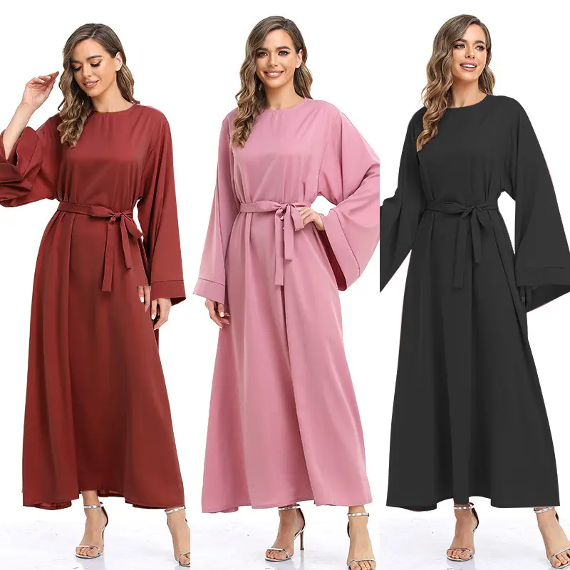 Robe longue Abaya pour femmes musulmanes, couleur unie, grande taille, Kaftan Vintage, vêtements islamiques, Maxi, cravate