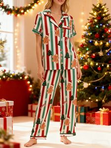 Hot Sale Women's Christmas Knit V-neck Short-sleeved Elegant Casual <strong>Pajama</strong> Set-Soft Thermal Breathable Elastic Waist Printed - Product Image 5