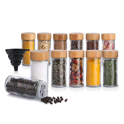 Hot Sell 4oz Glass Salt and Pepper Shaker Round Bamboo Seasoning Spice Containers Organizer Jar Bottle