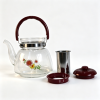 Théière en verre borosilicate à imprimé floral, poignée rouge, grande capacité, avec infuseur amovible, cadeau idéal pour la famille et les amis
