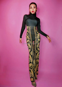 Novance-<span class=keywords><strong>mono</strong></span> Sexy de pierna ancha para mujer, pantalones elegantes de una pieza con patrón de hoja de diamante <span class=keywords><strong>dorado</strong></span>, color negro, Y1401, 2023 - Product Image 2
