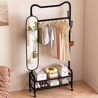 Porte-vêtements multifonctionnel contemporain avec miroir pleine longueur, étagères de rangement roulantes et crochets pour chambre et entrée