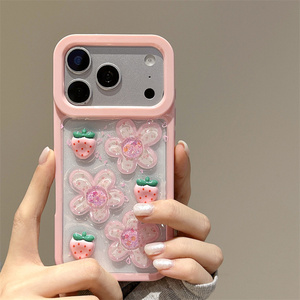 เคสโทรศัพท์มือถือลายการ์ตูนดอกไม้สตรอว์เบอร์รี่สำหรับ iPhone 17 Air 16 15 14 Pro Max ลายแมว KT เรซิ่น 3 มิติ น่ารัก โบว์ DIY ฝาหลังใส - Product Image 4