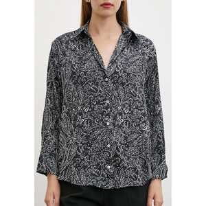 Camisa de Satén con Estampado Paisley, Blusa Informal Negra con Botones para Mujer, Uso Diario - Product Image 5