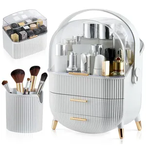 Juego de 3 Uds de caja de almacenamiento de cosméticos, funda transparente, vitrina de maquillaje, 2 cajones, organizador de maquillaje con soporte para brochas, estante para Pintalabios